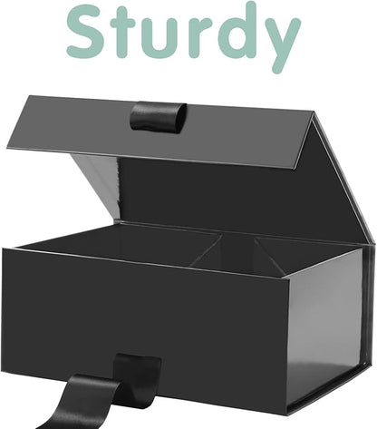 HAPPY POTATO 5 Gift Boxes with Ribbon 9x6.5x3.8 Inches, Black Gift Boxes with Lids, Collapsible Gift Boxes, Magnetic Closure Gift Boxes for all occasion (Glossy Black, Pack of 5)