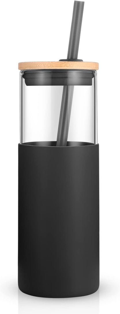 Tronco 24 oz Glass Tumbler with Straw and Lid - Smoothie and Iced Coffee Cup - Bamboo Lid and Protective Silicone Sleeve - BPA-Free