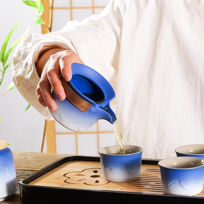 LURRIER Gongfu tea sets, Portable Ceramic TeaSet, Asian Tea sets for adult, Tea Gift sets, Grey leather case, Portable Travel Bag,Home,Gifting,Outdoor and Office(XBlue and White)