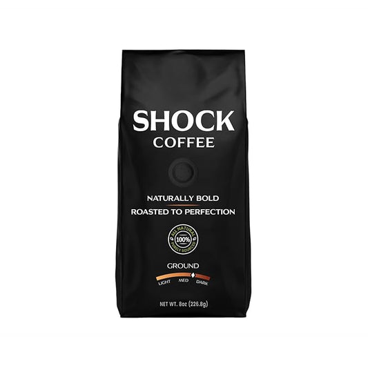 Shock Coffee Naturally Bold | Extra High Caffeine Strong Coffee | Medium Dark Roast Ground | Premium Arabica | 8 ounce