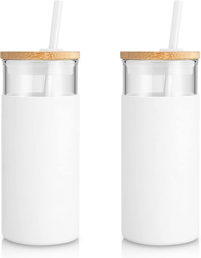 Tronco 20 oz Glass Tumbler With Lids and Straws, Glass Water Bottle Silicone Protective Sleeve, Iced Coffee Cup With Bamboo Lid, Reusable Smoothie Cup, BPA Free (White 2 Count)