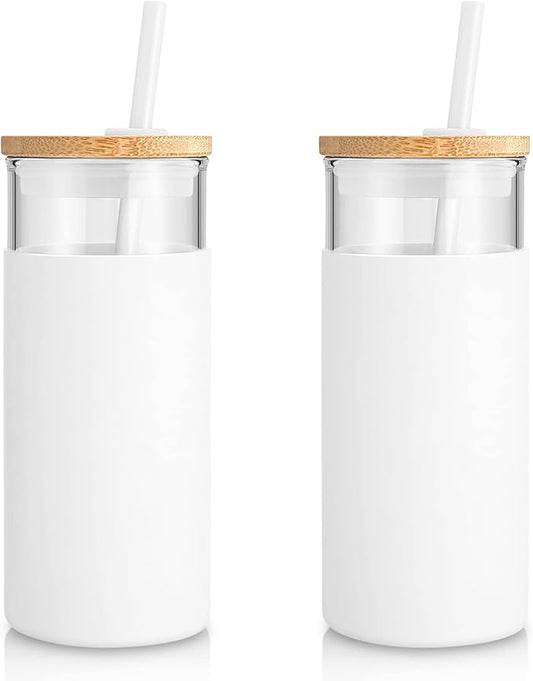 Tronco 20 oz Glass Tumbler With Lids and Straws, Glass Water Bottle Silicone Protective Sleeve, Iced Coffee Cup With Bamboo Lid, Reusable Smoothie Cup, BPA Free (White 2 Count)