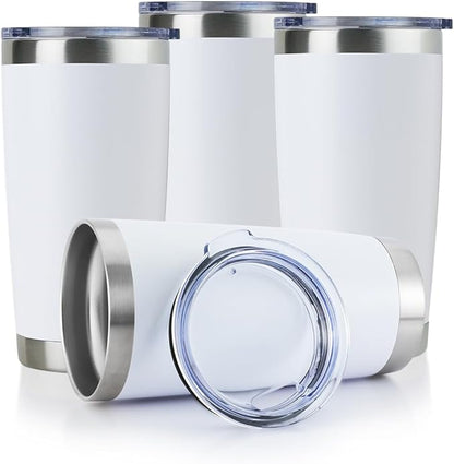 DOMICARE 20oz Stainless Steel Tumbler Bulk with Lid, Double Wall Vacuum Insulated Travel Mug, Powder Coated Coffee Cup, Powder White, 4 Pack