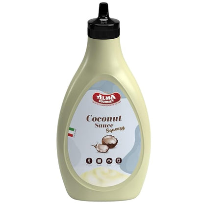 Alma Gourmet Coconut Topping Sauce Imported From Italy - Sweet Creamy Coconut Topping Ideal For Ice Cream, Waffles, Pancakes, Crepes, Pastries, Cakes, Overnight Oats, Drinks & Lattes - Convenient Squeeze Bottle - 17.6oz (500g)