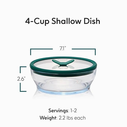 Anyday 4-Cup Glass Food Storage with Glass Lid, Round Shallow Dish | Plastic-Free Meal Prep & Microwave Cookware | Stackable Airtight Storage Container with Vented Lid for Microwave-Safe Reheating