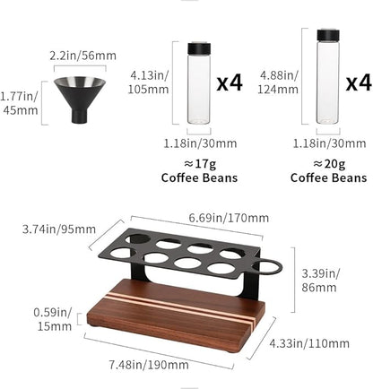 watchget Coffee Bean Storage Tubes Single Dose Coffee Bean Cellars 8 Pcs with One-way Exhaust Valve Sealed Airtight Coffee Bean Storage Jars with Hopper, Wooden Display Stand, A