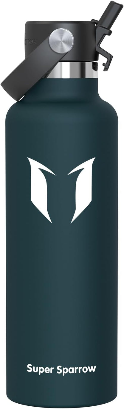 Super Sparrow Insulated Water Bottle - 17 Oz / 25 Oz / 32 Oz - Standard Mouth FlipFlow Flask - BPA Free, Leak Proof Drink Bottle- Ergonomic Straw Water Bottles for Work, Gym, Travel, Sports