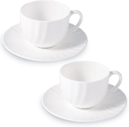 Fine Bone China Cappuccino Mugs Set of 2, 7 Oz Spiral Pattern Lightweight Ceramic, Art Coffee Cups with Saucers, for Latte, Mocha, Tea, Espresso, Macchiato, Americano