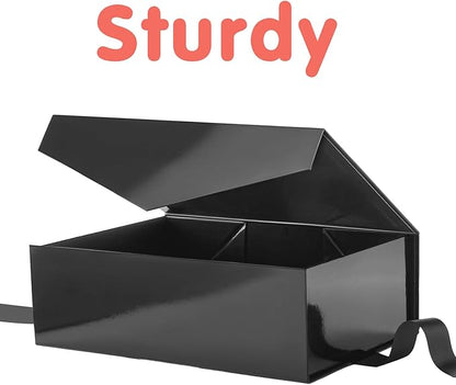 HAPPY POTATO Large Black Gift Box with Ribbon and Lid, 11.5x8.1x3.8 Inches, Groomsman Proposal Boxes, Magnetic Gift Box for Presents (Glossy Black)