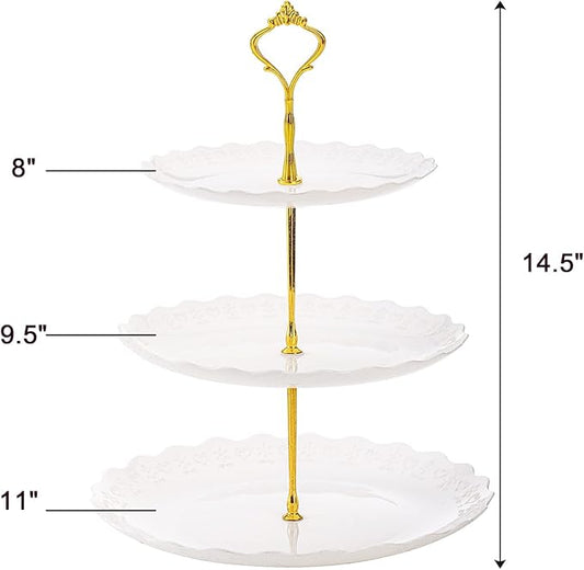 Tosnail 3-Pack 3-Tiers White Plastic Cupcake Stand, Dessert Serving Trays, Party Serving Tray Fruit Pastry Holders Catering Tray for Wedding, Party, Gathering - Round with Gold Rod