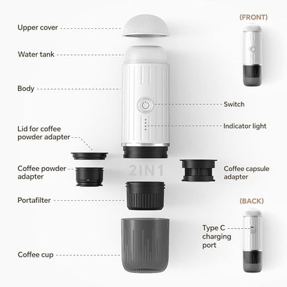 BENFUCHEN Portable Electric Espresso Machine, Travel Coffee Maker for Camping, On the Go Car Coffee Maker Self-Heating with USB-C, With Ground Coffee & N Espresso Capsule for RV/Hiking/Office, White