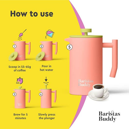 Cute Pink French Press Coffee Maker - Colorful, Retro And Stylish Insulated Coffee Brewer - Large Size Brews 4 Cups