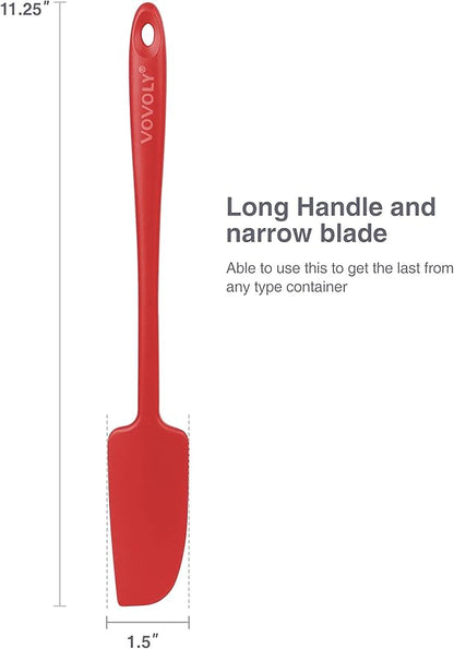 2-Pack Vovoly Silicone Jar Spatulas, Small Seamless Design Rubber Scraper with Stainless Steel Core, Heat Resistant and Non-Stick Mini Spatula for Jars and Blenders, BPA Free,11 IN, Red