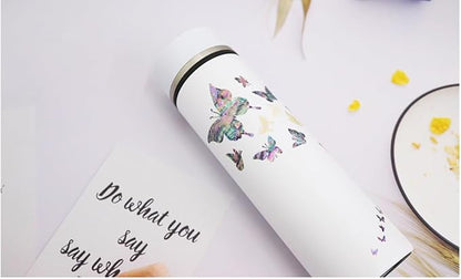 Mother of Pearl Design Stainless Steel Water Bottle with Tea Infuser Strainer 17 oz Leakproof Screw Cap Wide Mouth Double Wall Vacuum Insulated Travel Sport Water Flask Thermo Mug (Butterfly White)