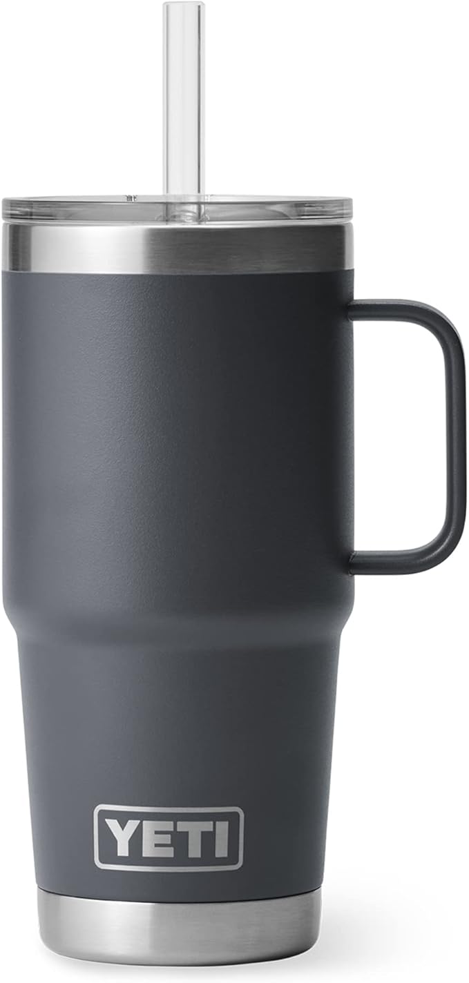 YETI Rambler 25 oz Tumbler with Handle and Straw Lid, Travel Mug Water Tumbler, Vacuum Insulated Cup with Handle, Stainless Steel, Charcoal