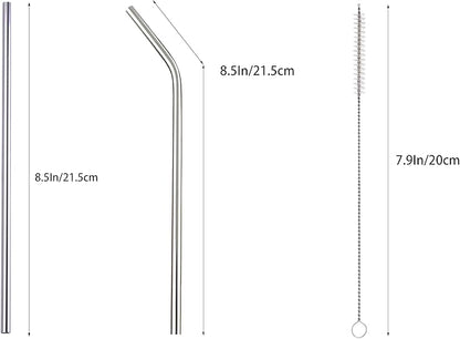 10 Pcs Stainless Steel Straws, Reusable Drinking Straws, 5 Straight + 5 Bent Metal Straws Set With 2 Pcs Cleaning Brushes (Silver, 8.5 Inch)