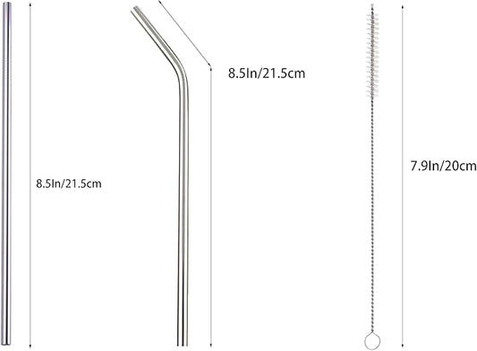 10 Pcs Stainless Steel Straws, Reusable Drinking Straws, 5 Straight + 5 Bent Metal Straws Set With 2 Pcs Cleaning Brushes (Silver, 8.5 Inch)