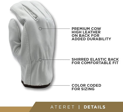 ATERET 24 Pairs Large Heavy Duty Durable Cowhide Leather Work Gloves I Driver Gloves for Truck Driving, Warehouse, Gardening, Farming