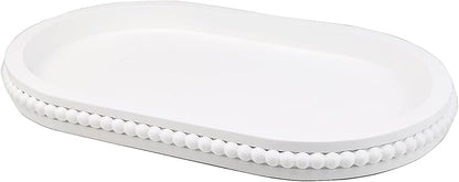 Oval Wood Serving Tray with Wooden Beads, Outdoor Farmhouse Decorative Tray for Ottoman, Coffee Table, Kitchen Counter Organizer, Home Decor(White)