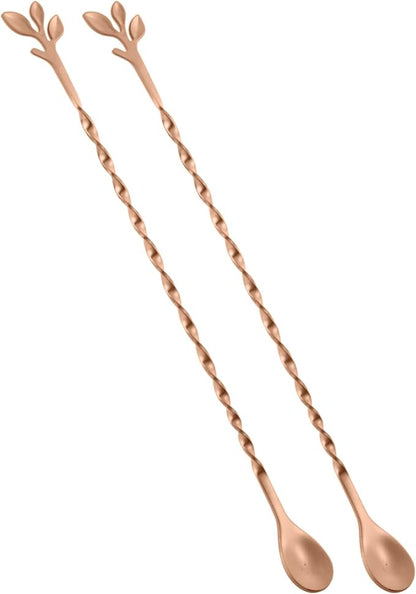 AnSaw Rose Gold 10-Inch Stainless Steel Cocktail Spoon with Leaf Handle - Perfect for Mixing & Layering Drinks in Tall Cups, Bar & Shakers - Durable Long Handle Bar Stirrer,2-Pieces