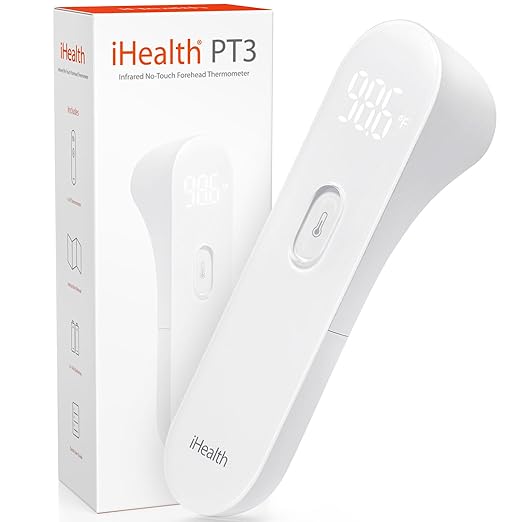 iHealth No-Touch Forehead Thermometer for Adults, Kids, Babies - FSA HSA Eligible, 3 Ultra-Sensitive Sensors, Quiet Vibration Feedback, Digital Large LED Digits, Easy to Use for Home & Nurses, PT3