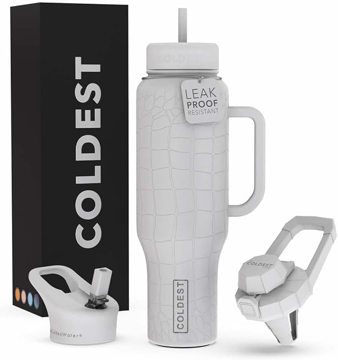Coldest 40 oz Tumbler with Handle and Straw - 100% Leak Proof Insulated Tumbler with Lid and Straw (3 Lids) - Stainless Steel Tumblers for Women & Men - Cup Holder Friendly Base, 46 oz (White Croc)