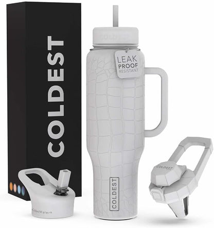 Coldest 40 oz Tumbler with Handle and Straw - 100% Leak Proof Insulated Tumbler with Lid and Straw (3 Lids) - Stainless Steel Tumblers for Women & Men - Cup Holder Friendly Base, 46 oz (White Croc)