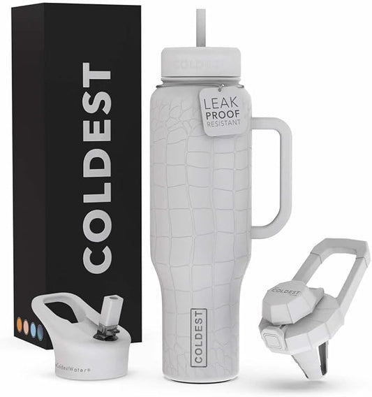 Coldest 40 oz Tumbler with Handle and Straw - 100% Leak Proof Insulated Tumbler with Lid and Straw (3 Lids) - Stainless Steel Tumblers for Women & Men - Cup Holder Friendly Base, 46 oz (White Croc)