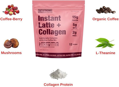STRONG COFFEE COMPANY Instant Snickerdoodle Latte - 15g Protein, Instant Protein Coffee with Collagen, Adaptogens & Nootropics, No Crash, No Jitters, 12 Servings Bag