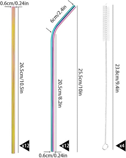 [24 PCS] Value Pack Reusable Stainless Steel Straws in Bulk Extra Long 10.4 inch Colorful,Tomorotec Metal Straw Sets with Cleaning Brushes,12 Straight 12 Bent For Tumblers Beverage Drink Cocktail