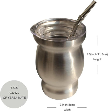 Beruth Bombilla Yerba Mate Gourd, 8oz Stainless Steel Tea Cup Set with Lid, Two Straws and Cleaning Brushes, Double Walled Coffee Mug Heat Insulation Anti Scalding （Bright Silver）
