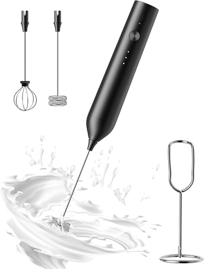 Rechargeable Milk Frother with Stand, Electric Frother Wand Handheld Coffee Foam Maker Detachable Stainless Steel Whisk Drink Mixer Foamer for Latte, Cappuccino, Hot Chocolate, Egg (Black)