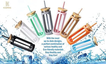 Kodrine 20oz Glass Water Tumbler with Straw and Lid, Bamboo Lids Water Bottle, Iced Coffee Cup Reusable, Wide Mouth Smoothie Cups with Protective Silicone Sleeve BPA FREE-Amber