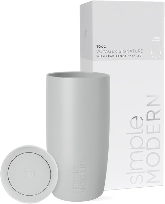 Simple Modern Travel Coffee Mug Tumbler with 360° Lid | Ceramic-Lined Insulated Stainless Steel Cold Brew Iced Coffee Cup Thermos | Gifts for Women Men Her Him | Voyager Signature | 16oz | Ice Gray