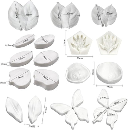 AK ART KITCHENWARE Silicone Veiner Stainless Steel Fondant Cutter Set for Gum Paste Flower Leaf Sugar Craft Tools Cake Decorating Supplies Silicone Veining Molds Moulds for Wedding with Christmas Box