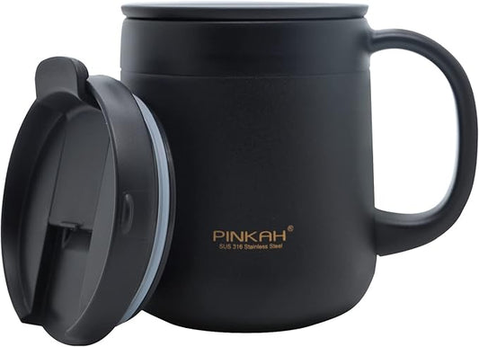 16OZ Stainless Steel Insulated Coffee Mug with Handle, Double Wall Vacuum Tumbler Cup with 2 Lids, Thermal Coffee Cup