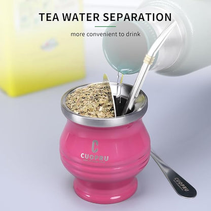 Yerba Mate Cup - Mate Gourd Set Includes Double Walled Stainless Steel Tea Cup, Tea Shaper set, Bombilla Straws, Cleaning Brush