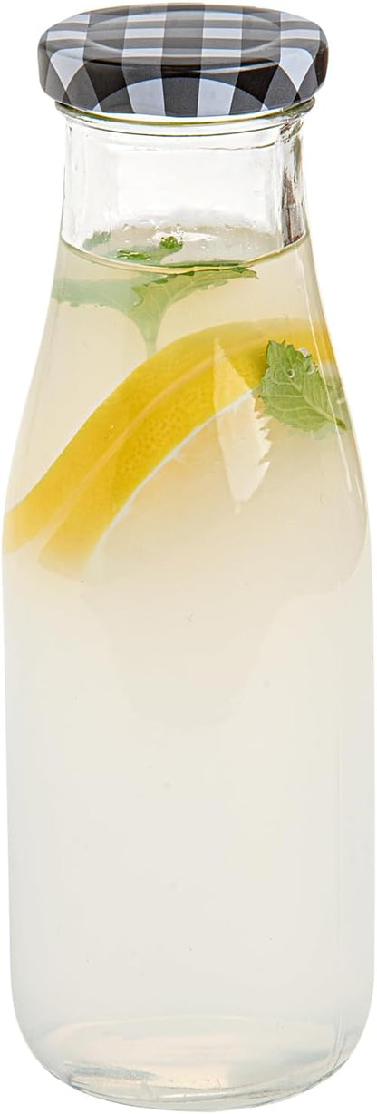 Restaurantware French Countryside 15 Ounce Glass Bottles 10 Durable Juice Bottles - With Black Plaid Lid Dishwashable Clear Glass Countryside Bottles For Hot And Cold Beverages