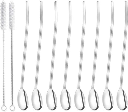 8Pcs Stainless Steel Straws Spoons, Reusable Metall Straws Spoon with 2 Cleaning Brushes,2 in 1 Snow Cone Straws Drinking Reusable Stainless Steel Ice Tea Long Spoons Straws for Cocktail Milkshake