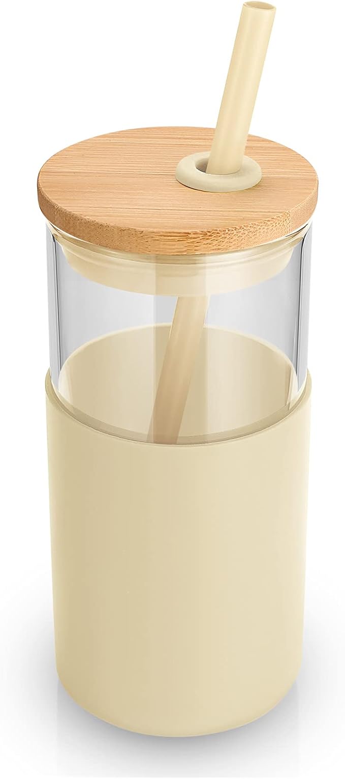 Tronco 16 oz Glass Tumbler with Straw and Bamboo Lid, Iced Coffee Cup Reusable, Smoothie Cups, Tumbler with Silicone Protective Sleeve - BPA Free