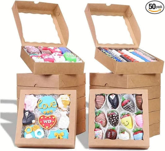 50pcs 8x8x2 Inches Brown Bakery Boxes with Window - Perfect for Cookies, Chocolate Covered Strawberries, Cakesicles & More