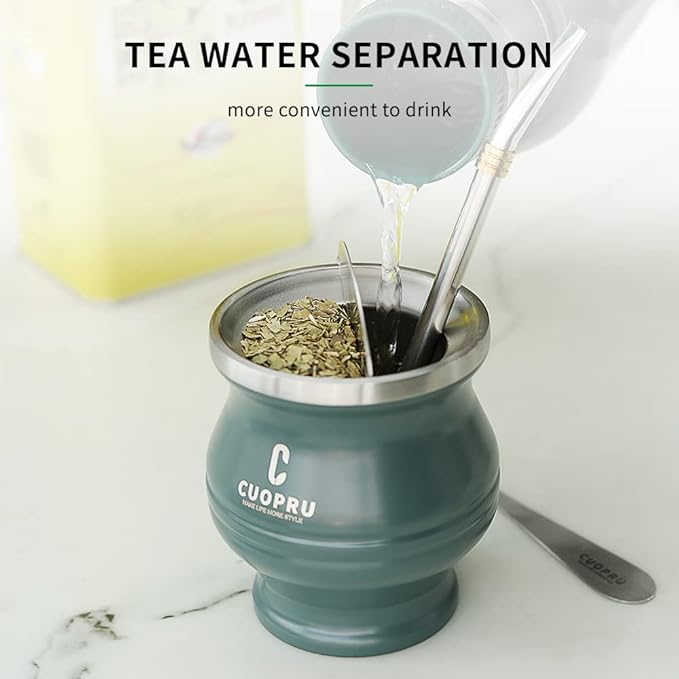 Yerba Mate Cup - Mate Gourd Set Includes Double Walled Stainless Steel Tea Cup, Tea Shaper set, Bombilla Straws, Cleaning Brush (Silver)