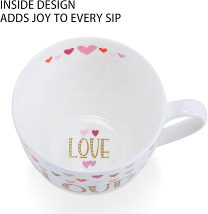 LOVE Mug with Hearts for Daily Coffee and Tea, Premium 20 oz Bone China Coffee Tea Hug Mug, Perfect Holiday, Valentine’s, and Birthday Gift for Loved Ones, Designed in England by Harvest Green Studio