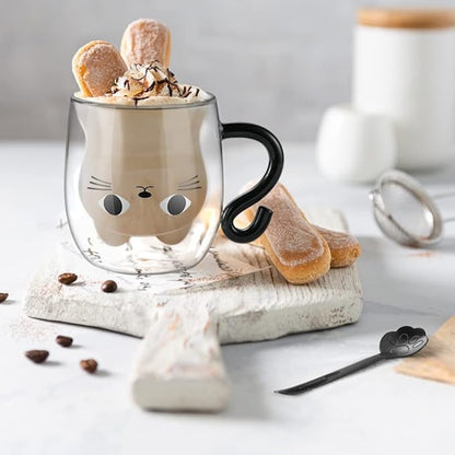 ecooe Cute Cat Mug Glass Coffee Cup 9.8oz Double Walled Glass Mug Cappuccino Latte Glass Cup with Handle Spoon, Milk Tea Cat Cup Birthday Christmas Valentine's Day Gifts for Women Girls Kids Friends