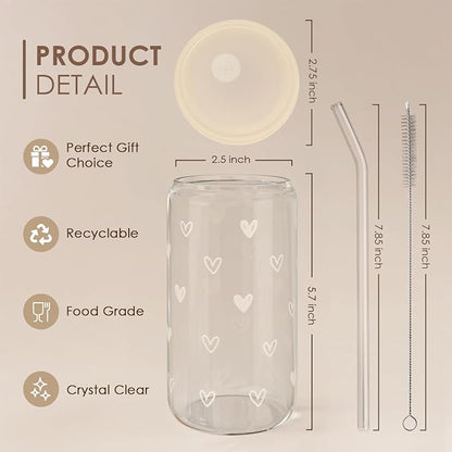 Heart 16oz Can Glass Tumbler with Acrylic Lid & Straw, Iced Coffee Cup for Women, Aesthetic Cups Gifts for Birthday Christmas Valentine