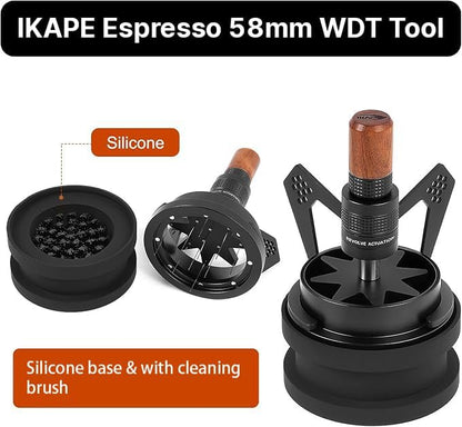 IKAPE Mantis WDT Distribution Tool with Clean Brush, 58.5mm Espresso Stirrer Distribution Tool for Barista, 8 Needle Espresso Stirrer with Dosing Funnel &Stand, Adjustable Needle Height, Walnut Handle