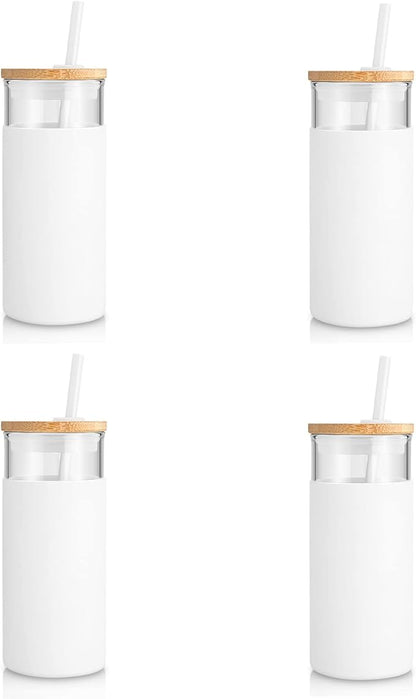 Tronco 20 oz Glass Tumbler Glass Water Bottle Straw Silicone Protective Sleeve Bamboo Lid - BPA Free -White/4 Pack
