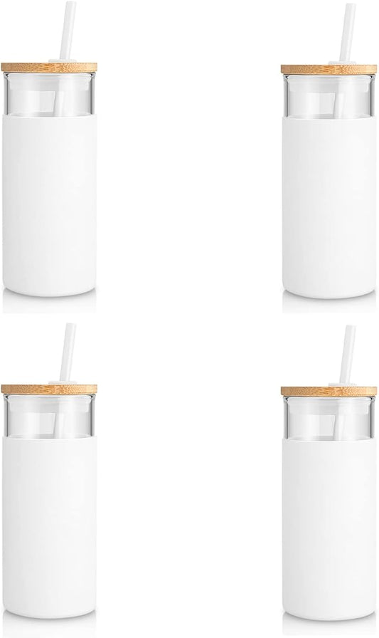 Tronco 20 oz Glass Tumbler Glass Water Bottle Straw Silicone Protective Sleeve Bamboo Lid - BPA Free -White/4 Pack