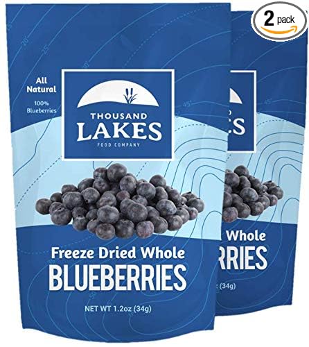 Thousand Lakes Freeze Dried Fruit - Blueberries 2-pack 1.2 ounces (2.4 ounces total) | No Sugar Added | 100% Whole Blueberries