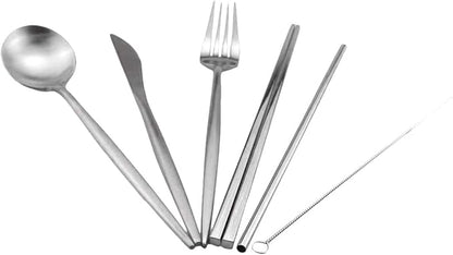Gugrida Reusable Travel Utensils, 7 Pieces Portable 18/10 Stainless Steel include Knife Fork Spoon Chopsticks Cleaning Brush Straws Portable Pouch, Eco-friendly Camping Silverware Set, Dishwasher Safe